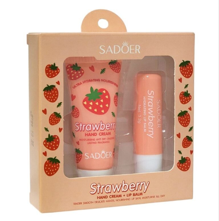 CREMA CORPORAL, CREMA DE CUERPO DE MANOS Y BALSAMO LABIAL CON FRAGANCIA DE FRESA, HIDRATA, NUTRE Y REPARA LA PIEL, MEJORA LAS LINEAS Y DEJA LAS MANOS SUAVES SADOER 15+3.2G