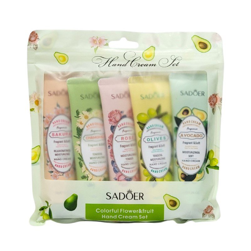 CREMA CORPORAL, CREMA DE MANOS EN SET DE FLORES Y FRUTAS DE COLORES, DEJAN LAS MANOS SUAVES Y DELICADAS SADOER 30GX5