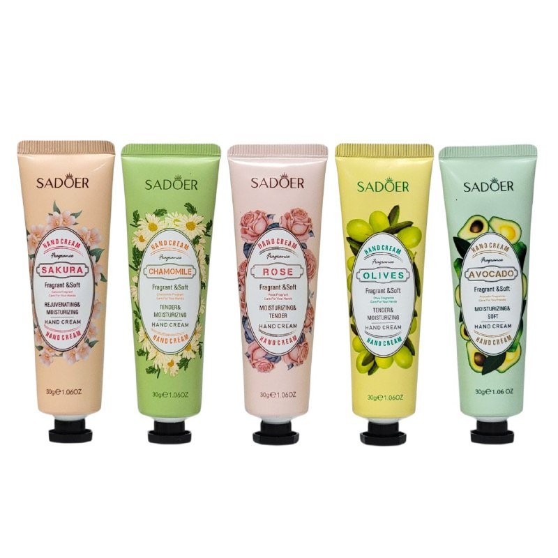 CREMA CORPORAL, CREMA DE MANOS EN SET DE FLORES Y FRUTAS DE COLORES, DEJAN LAS MANOS SUAVES Y DELICADAS SADOER 30GX5