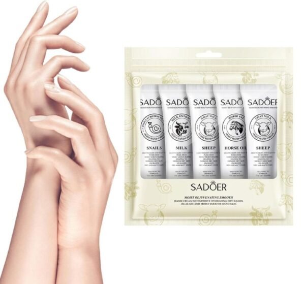 CREMA CORPORAL, CREMA DE MANOS EN SET HIDRATANTE PARA MANOS SECAS, PIEL DELICADA E HIDRATADA SUAVE SADOER 30GX5
