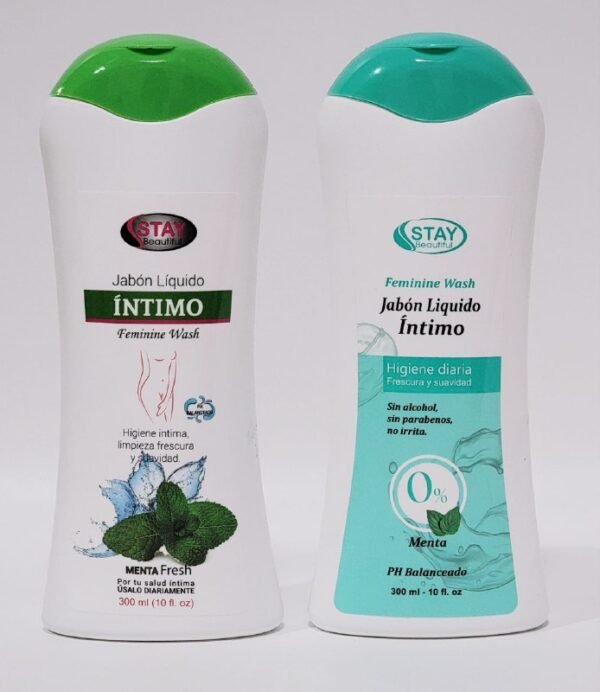 JABON INTIMO LIQUIDO DE MENTA, PARA LA HIGIENE DIARIA, FRECURA Y SUAVIDAD DE LA ZONA INTIMA, SIN ALCOHOL, NO IRRITA, 2 ESTILOS, STAY BEAUTIFUL 300ML