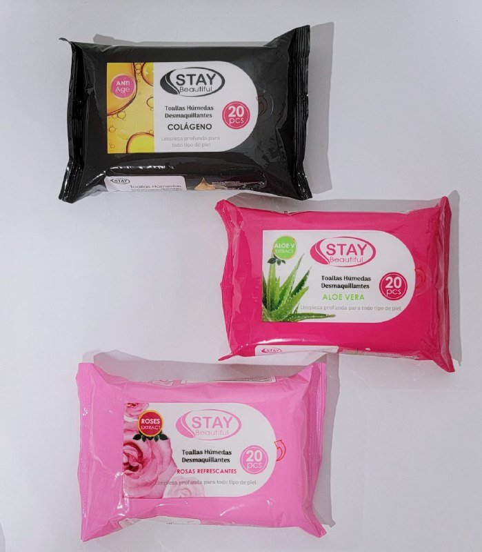 TOALLITAS DESMAQUILLANTES HUMEDAS EN TRIO DE LIMPIEZA PROFUNDA,TODO TIPO DE PIEL, ROSA, ALOE VERA Y COLAGENO STAY BEAUTIFUL 20UNDX3