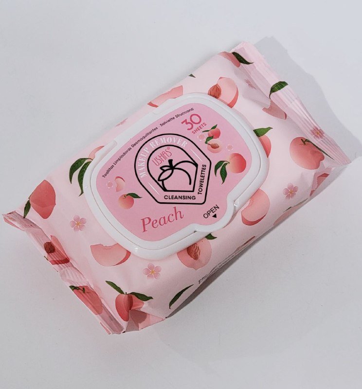 TOALLITAS HUMEDAS DESMAQUILLANTES CON DURAZNO, LIMPIAN Y DESMAQUILLAN EL ROSTRO, CUELLO Y AREA DE LOS OJOS USHAS 30UND