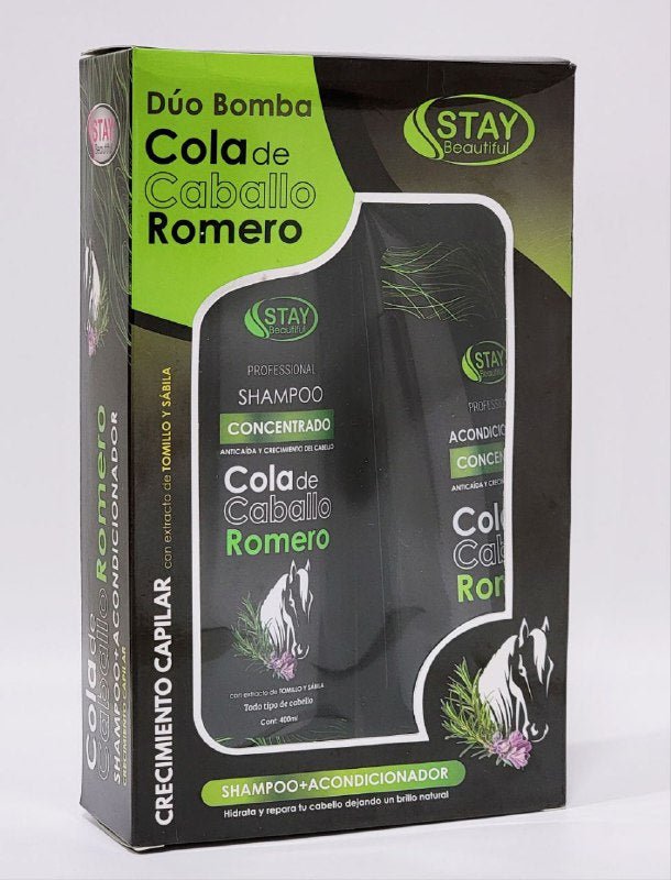 SHAMPOO PARA EL CABELLO EN SET Y ACONDICIONADOR COLA DE CABALLO, HIDRATA Y REPARA TU CABELLO DEJANDO UN BRILLO NATURAL SHAMPOO 400ML, ACONDICIONADOR 230G STAY BEAUTIFUL