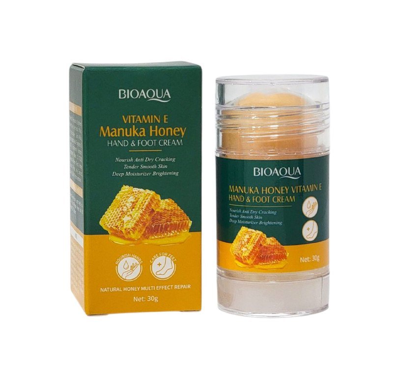 CREMA CORPORAL PARA MANOS Y PIES EN BARRA DE MIEL DE MANUKA Y VITAMINA E SUAVIZANTE 30G, ES UNA CREMA NUTRITIVA QUE MEJORA Y PREVIENE ARRUGAS EN LAS MANOS Y PIES, REPARANDO Y...