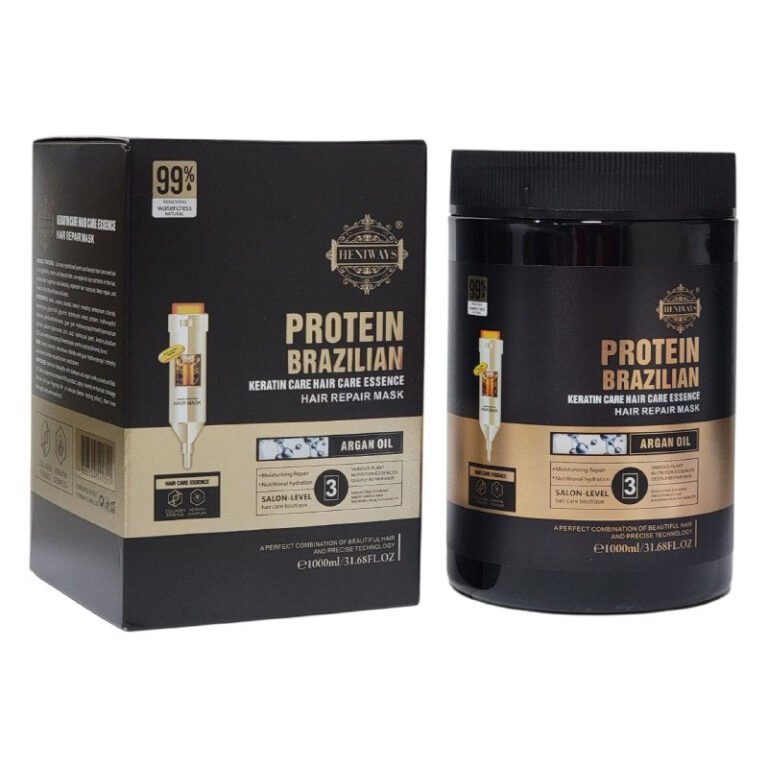 MASCARA PARA EL CABELLO CON PROTEINA BRASILEÑA Y ESENCIA DE KERATINA REPARADORA 1000ML, DISEÑADA PARA REPARAR Y NUTRIR EL CABELLO SECO DEJANDO EL PELO SUAVE Y BRILLANTE HENIWAYS