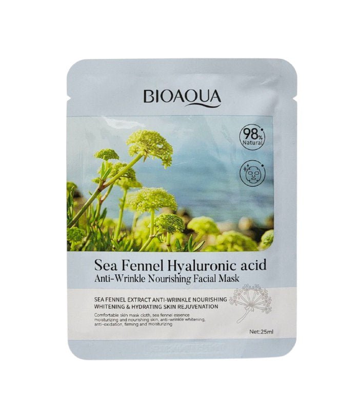 MASCARILLA FACIAL DE ACIDO HIALURONICO DE HINOJO MARINO REJUVENECEDOR 25G, DISEÑADA PARA NUTRIR Y REJUVENECER LA PIEL, TELA LIGERA Y TRANSPIRABLE QUE HIDRATA PROFUNDAMENTE...