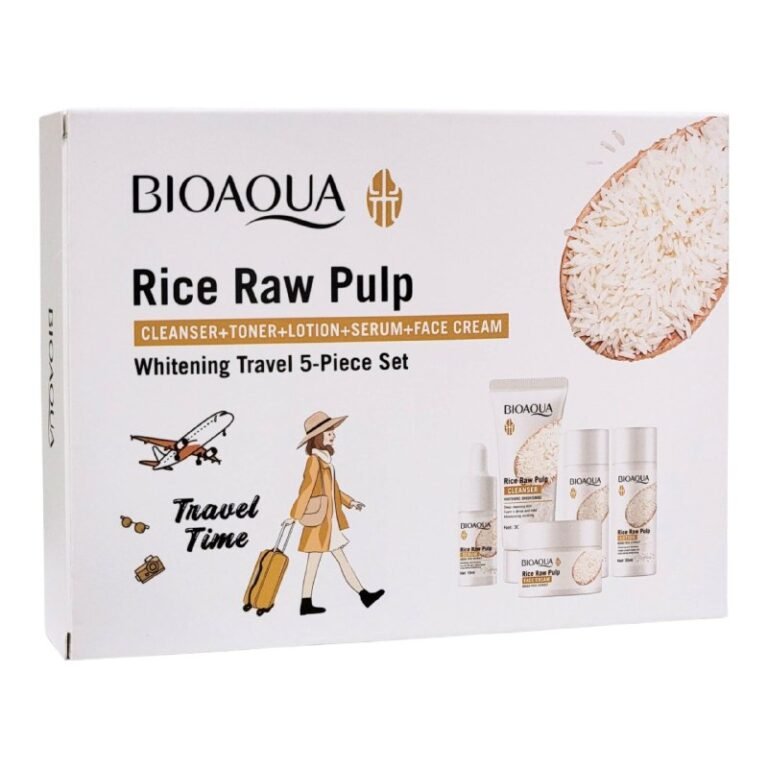 SET DE CUIDADO FACIAL DE VIAJE DE 5 PIEZAS DE PULA CRUDA DE ARROZ BIOAQUA, LOCION 30ML, CREMA FACIAL 10ML, SUERO 10ML, TONICO 30ML, LIMPIADOR 30G