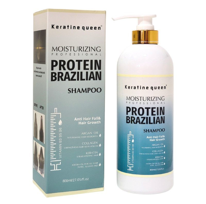 SHAMPOO PARA EL CABELLO CON KERATINA, VITAMINA B5 Y PROTEINA BRASILEÑA HIDRATANTE 800ML, FORMULADO PARA LIMPIAR PROFUNDAMENTE MIENTRAS HIDRATA AUMENTANDO LA SUAVIDAD KERATINE QUEEN
