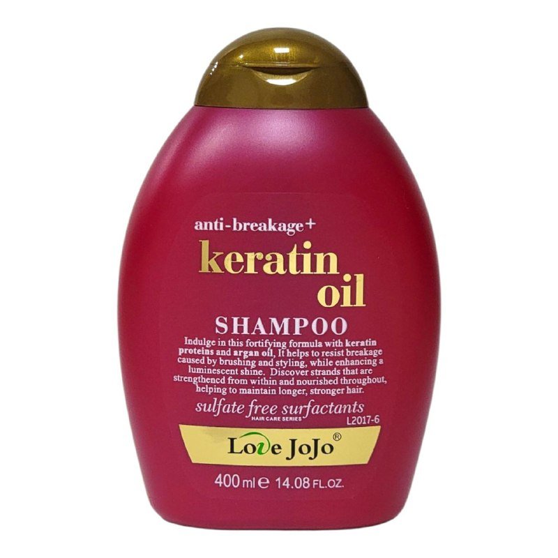 SHAMPOO PARA EL CABELLO CON KERATINA Y ACEITE DE ARGAN, REPARA EL CABELLO DAÑADO POR PLANCHADO Y TEÑIDO, FORMULA FORTIFICANTE NUTRITIVA DEJA BRILLO Y SUAVIDAD LOVE JOJO 400ML