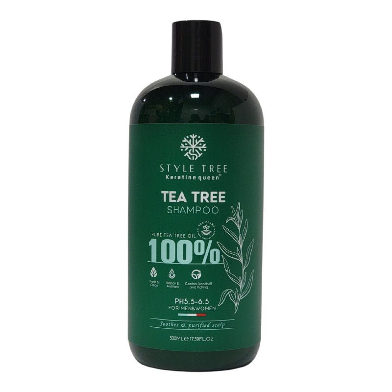 SHAMPOO PARA EL CABELLO DE ARBOL DE TE 500ML, QUE OFRECE UNA EXPERIENCIA COMPLETA PARA REVITALIZAR Y VIGORIZAR EL CABELLO, ELIMINA LA SUCIEDAD Y ACEITE KERATINE QUEEN