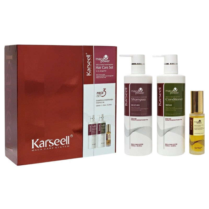 TRATAMIENTO PARA EL CABELLO HIDRATANTE DE 3 PIEZAS SHAMPOO 500ML, ACONDICIONADOR 500ML Y GOTAS 50ML KARSEELL MACA POWER
