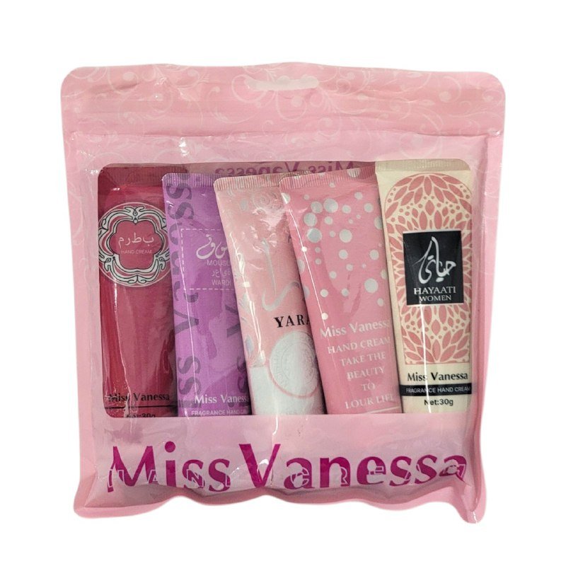 CREMA CORPORAL PARA MANOS EN SET DE 5 PIEZAS HIDRATANTE HUMECTANTE MISS VANESA 30G CREMA CORPORAL PARA MANOS EN SET DE 5 PIEZAS HIDRATANTE HUMECTANTE MISS VANESA 30G