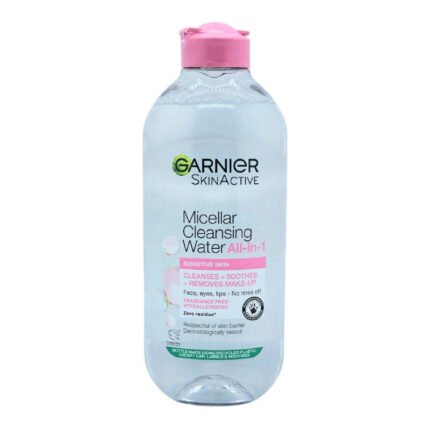 AGUA MICELAR DESMAQUILLANTE TODO EN 1, LIMPIADORA PARA PIELES SENSIBLES, LIMPIA CALMA Y DESMAQUILLA EL ROSTRO GARNIER 400ML