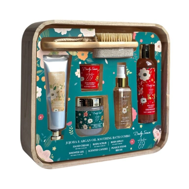 SET DE CUIDADO CORPORAL DE BAÑO DE ACEITE DE JOJOBA Y ARGAN, EXFOLIANTE 120ML, GEL DUCHA 150ML, CREMA MANO 70ML, SPRAY CORPORAL 60ML, VELA AROMATICA, CANASTA Y LIMA PIES BODY...