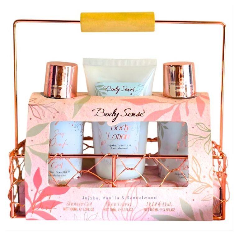 SET DE CUIDADO CORPORAL DE BAÑO DE JOJOBA, VAINILLA Y SANDALO, GEL DUCHA 100ML, CREMA CORPORAL 70ML, BURBUJAS DE BAÑO 100ML BODY SENSE