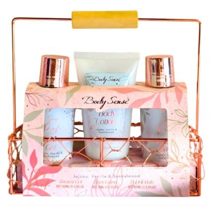SET DE CUIDADO CORPORAL DE BAÑO DE JOJOBA, VAINILLA Y SANDALO, GEL DUCHA 100ML, CREMA CORPORAL 70ML, BURBUJAS DE BAÑO 100ML BODY SENSE