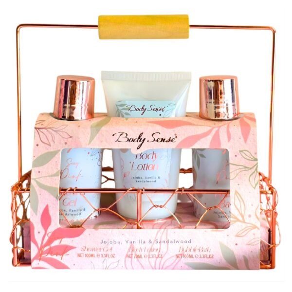 SET DE CUIDADO CORPORAL DE BAÑO DE JOJOBA, VAINILLA Y SANDALO, GEL DUCHA 100ML, CREMA CORPORAL 70ML, BURBUJAS DE BAÑO 100ML BODY SENSE