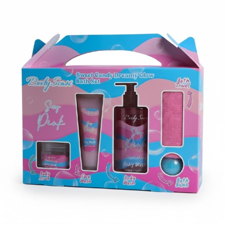 SET DE CUIDADO CORPORAL DE BAÑO, EXFOLIANTE 150ML, LIMPIADOR FACIAL 110ML, GEL DE DUCHA 490ML, TOALLA MANO, BOMBA ESPUMA BODY SENSE