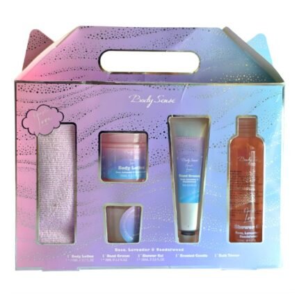 SET DE CUIDADO CORPORAL DE ROSA, LAVANDA Y SANDALO, GEL DE DUCHA 150ML, CREMA CORPORAL 110ML, CRME MANOS 70ML, CANDELA AROMATICA, TOALLA MANOS BODY SENSE