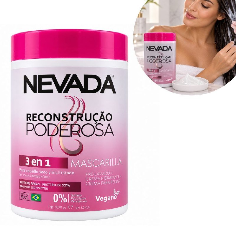 MASCARILLA CAPILAR 3 EN 1 RECONSTRUCCIÓN PODEROSA ACEITE DE ARGÁN Y PROTEÍNA DE SOYA NEVADA 1000ML MASCARILLA CAPILAR 3 EN 1 RECONSTRUCCIÓN PODEROSA ACEITE DE ARGÁN Y PROTEÍNA DE SOYA NEVADA 1000ML