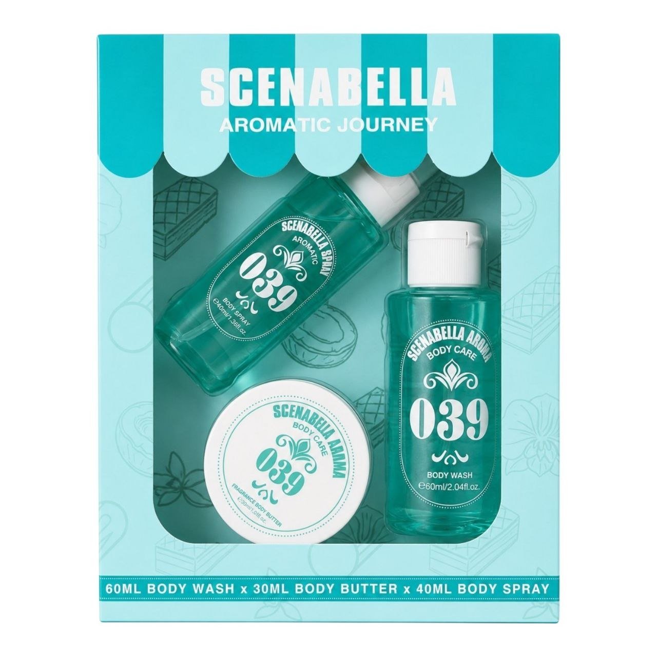 840417910635-1.jpg SET SCENABELLA AROMATIC JOURNEY 039 BODY SPRAY 40ML CREMA CORPORAL 30ML GEL DE DUCHA 60ML (M) (AROMA SIMILAR A SOL DE JANEIRO CHEIROSA 39) - Imagen 1