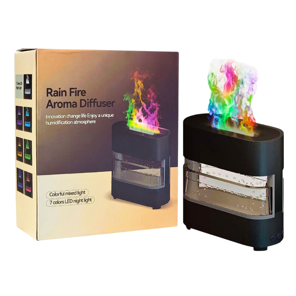Disenosintitulo-2025-05-21T103410.311.png HUMIFICADOR DE AIRE CON LLAMA COLORIDA, SONIDOS DE GOTAS DE LLUVIA, DIFUSOR DE ACEITE AROMATICO CON LUZ LED NOCTURNA RAIN FIRE - Imagen 1