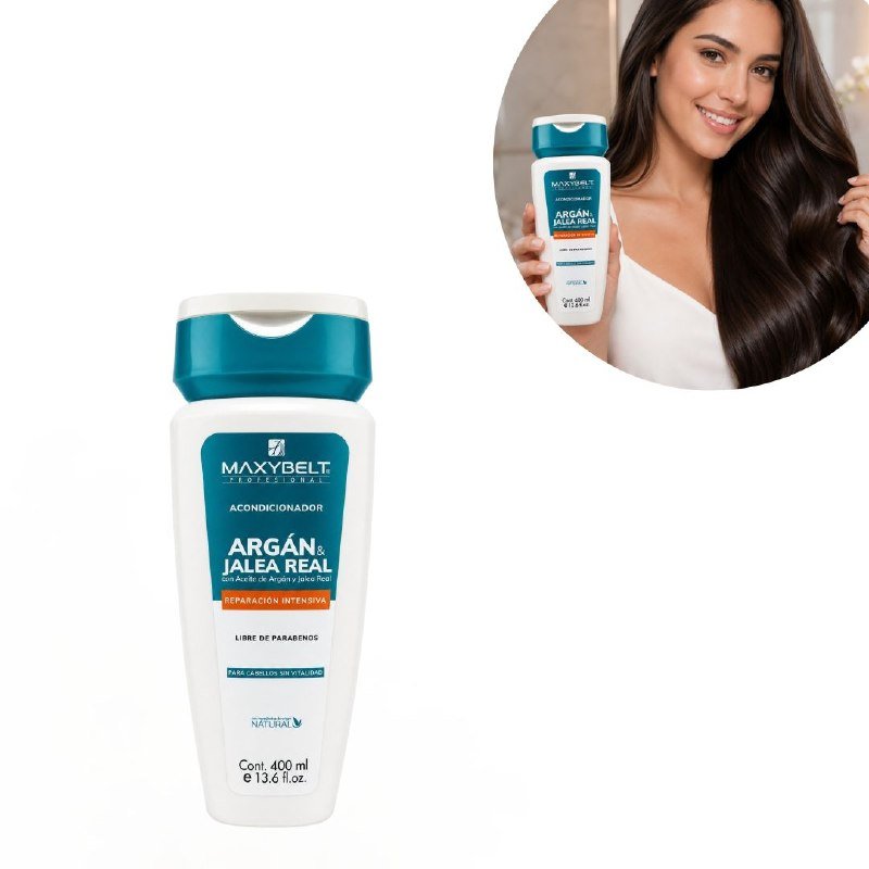 cae74ada-0484-49cc-9845-444a81f2006a.jpg ACONDICIONADOR REPARADOR Y NUTRITIVO CON ACEITE DE ARGAN Y JALEA REAL MAXYBELT 400ML - Imagen 1