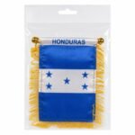 MINI BANDERA DECORATIVA DE HONDURAS CON FLECOS DORADOS CORDÓN Y VENTOSA
