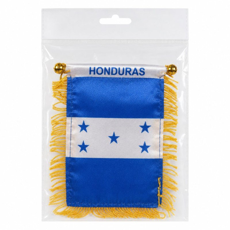 MINI BANDERA DECORATIVA DE HONDURAS CON FLECOS DORADOS CORDÓN Y VENTOSA MINI BANDERA DECORATIVA DE HONDURAS CON FLECOS DORADOS CORDÓN Y VENTOSA