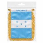 MINI BANDERA DECORATIVA DE HONDURAS CON FLECOS DORADOS CORDON Y VENTOSA
