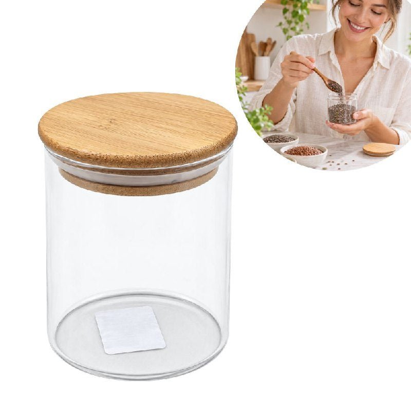 RECIPIENTE FRASCO DE VIDRIO HERMETICO TRANSPARENTE CON TAPA DE BAMBU 9X7CM RECIPIENTE FRASCO DE VIDRIO HERMETICO TRANSPARENTE CON TAPA DE BAMBU 9X7CM