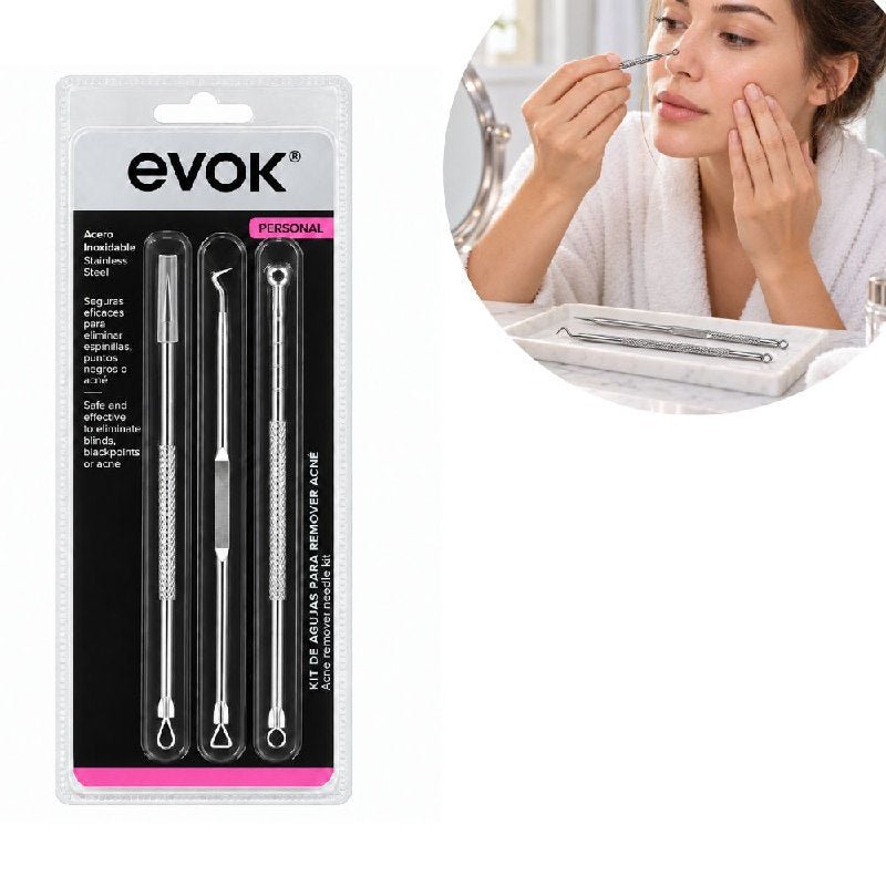 SET DE HERRAMIENTAS PARA EXTRACCION DE IMPUREZAS COMO ACNE Y PUNTOS NEGROS DE ACERO INOXIDABLE EVOK 3PCS SET DE HERRAMIENTAS PARA EXTRACCION DE IMPUREZAS COMO ACNE Y PUNTOS NEGROS DE ACERO INOXIDABLE EVOK 3PCS